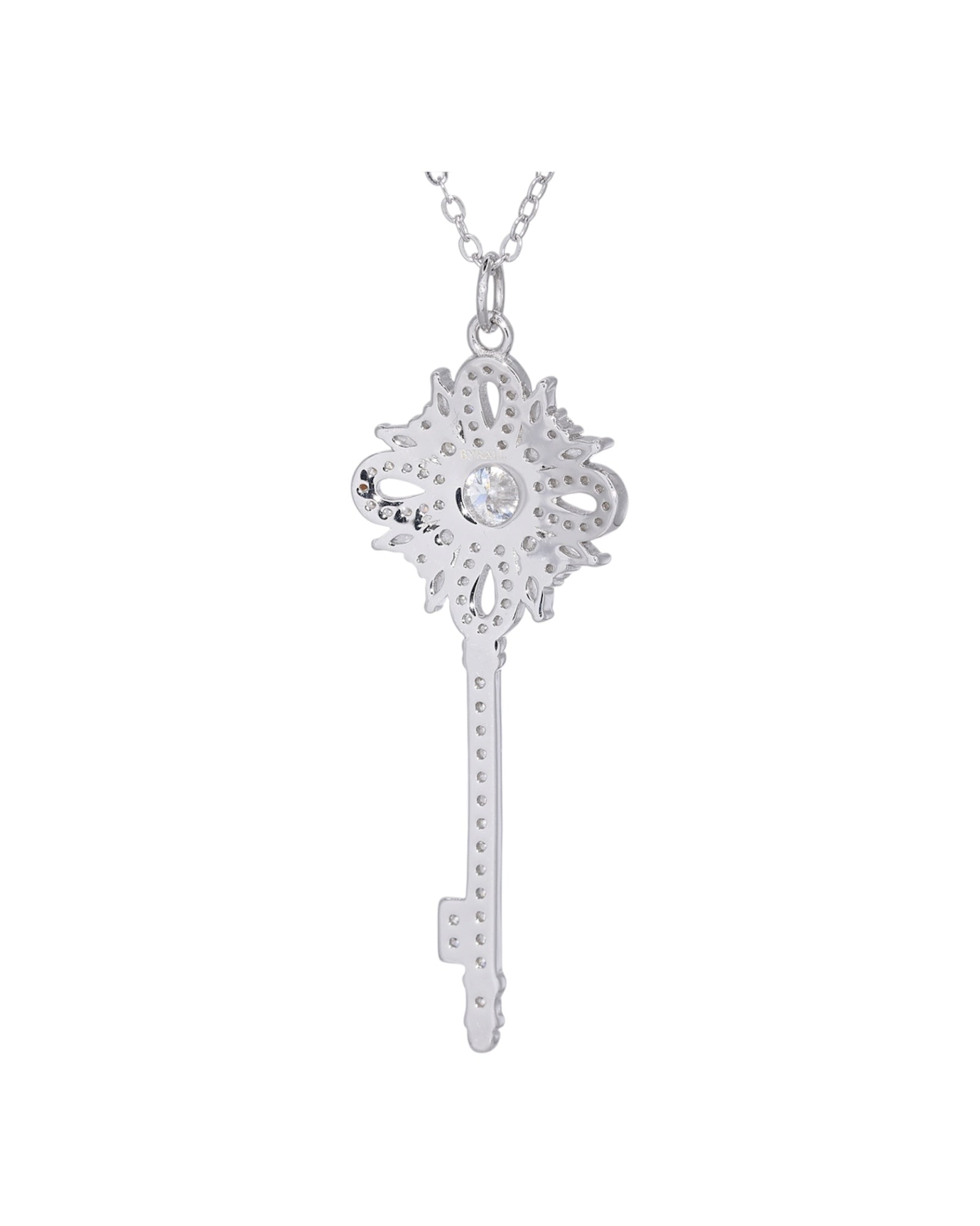 Close-up ornate floral bow VVS1 moissanite key pendant snowflake halo design rhodium silver — Byrall