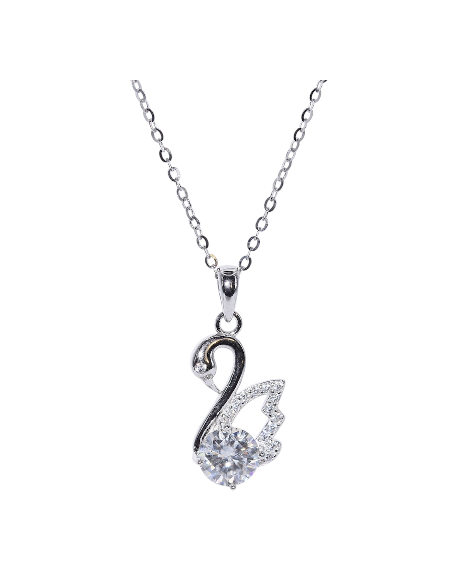 Close-up swan pendant 1ct VVS1 round brilliant moissanite claw set rhodium silver S925 — Byrall