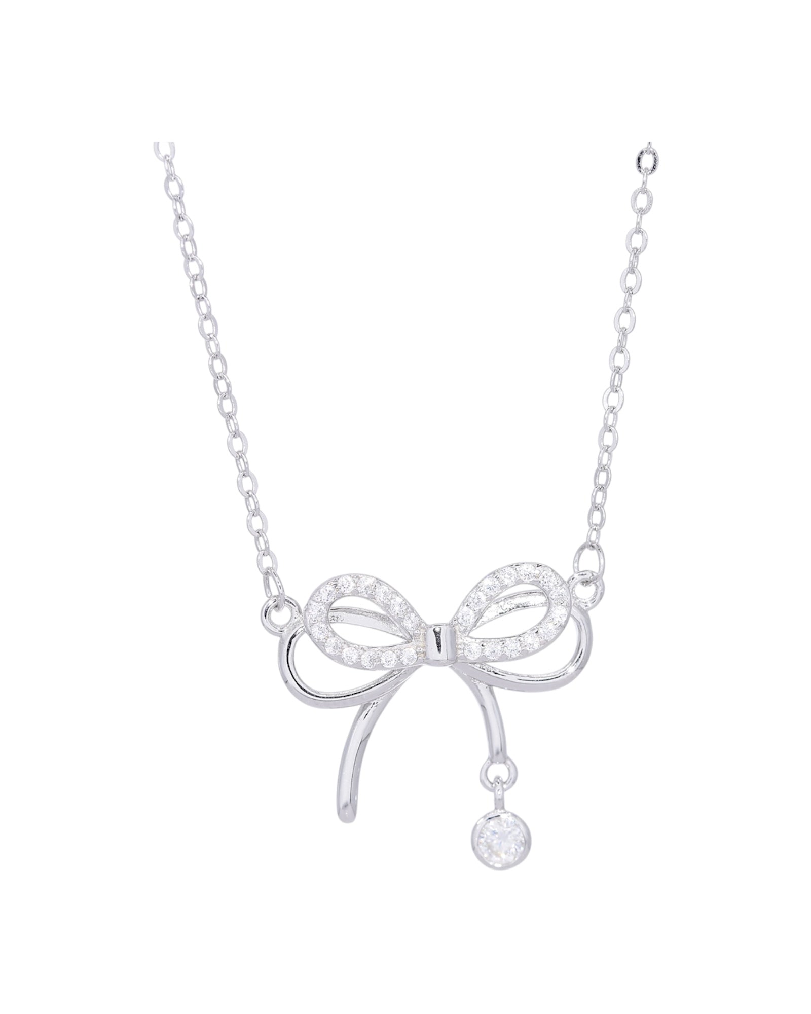 Dainty Bow Necklace 0.1ct VVS1 moissanite pavé bow drop rhodium silver S925 sterling silver Australia — Byrall