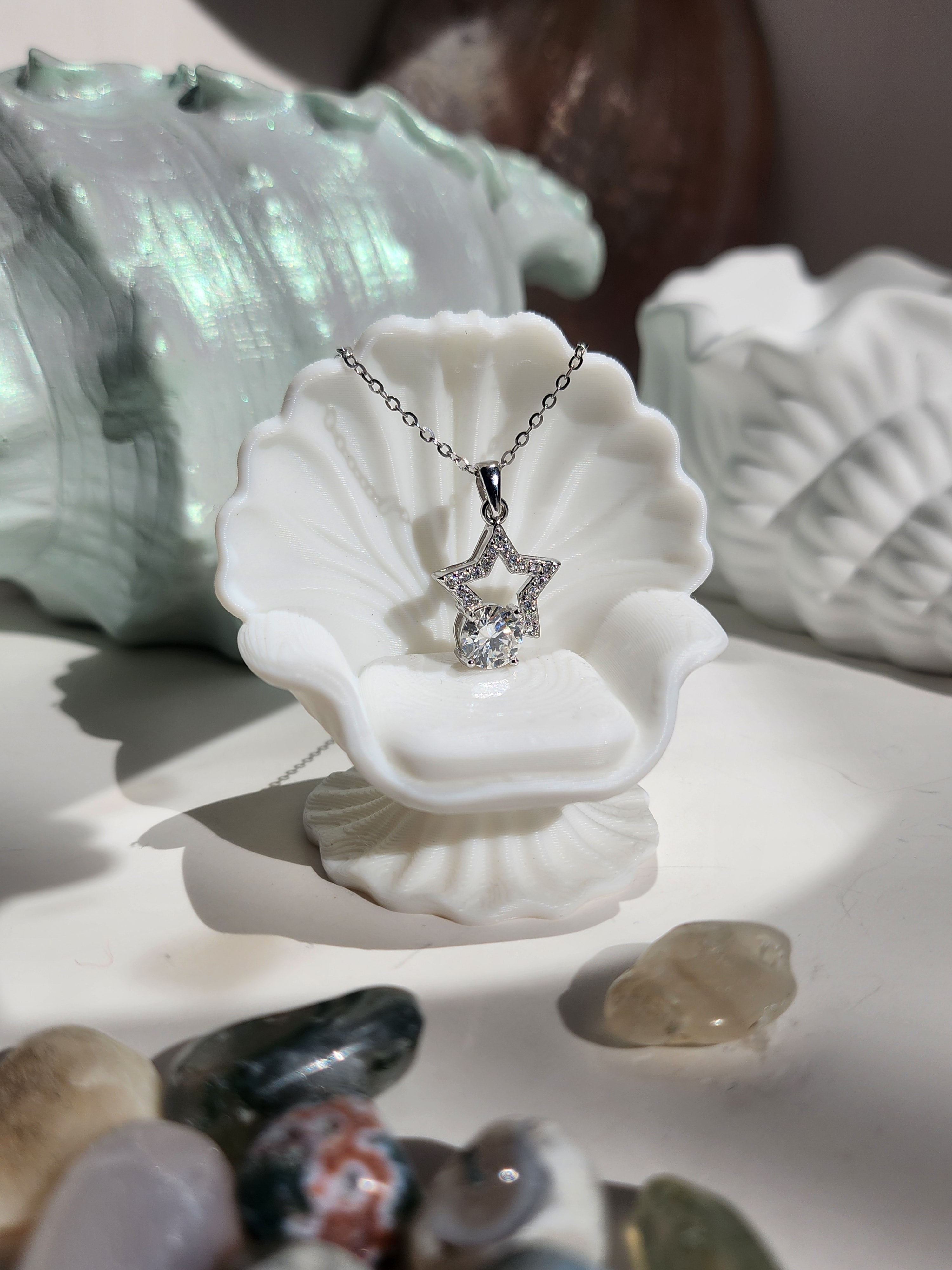 Woman wearing Celeste Drop star moissanite necklace silver, celestial pendant gift for her Australia