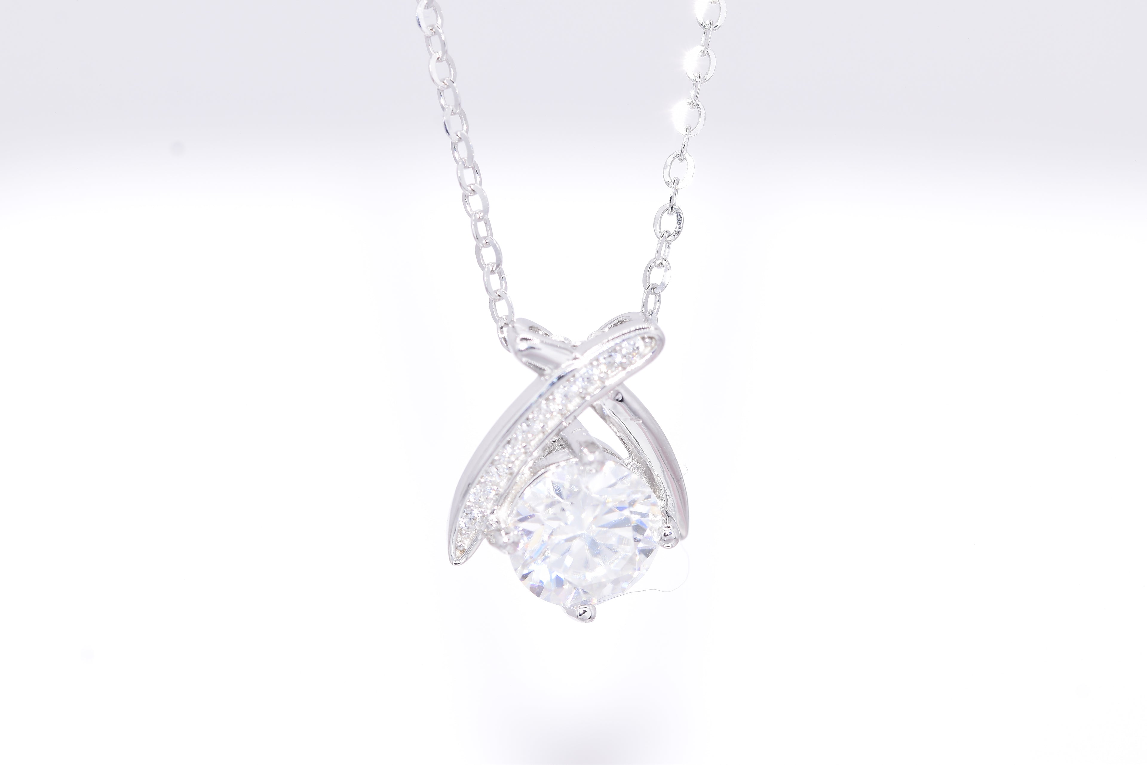 Woman wearing Noir moissanite ribbon necklace silver, elegant solitaire pendant gift for her Australia