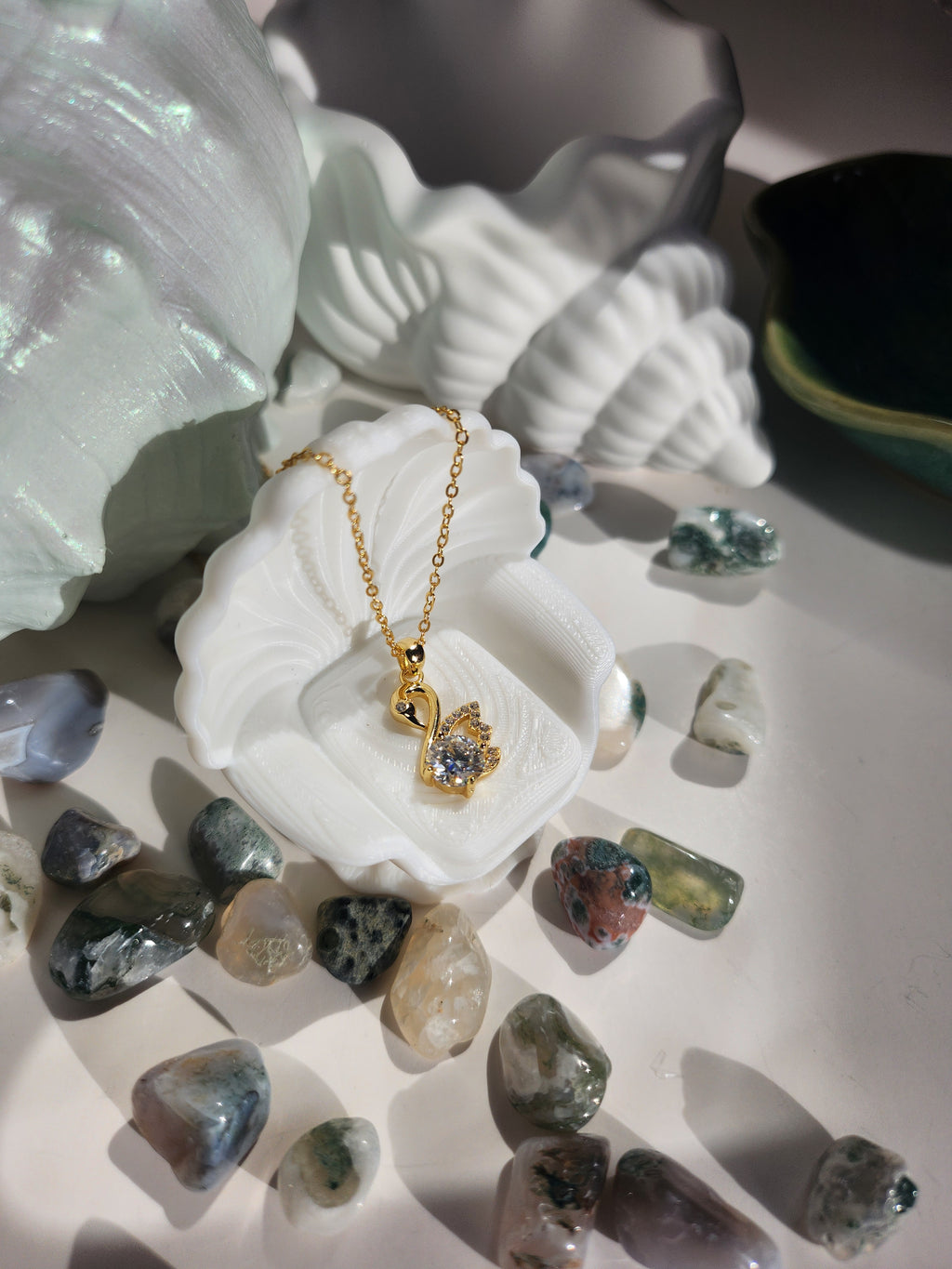Woman wearing Élan gold swan moissanite necklace, statement pendant gift for her Australia — Byrall